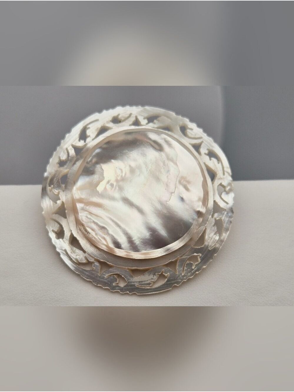 Antique Hand Carved Mother of Pearl Brooch Circular Iridescent Pin 2"